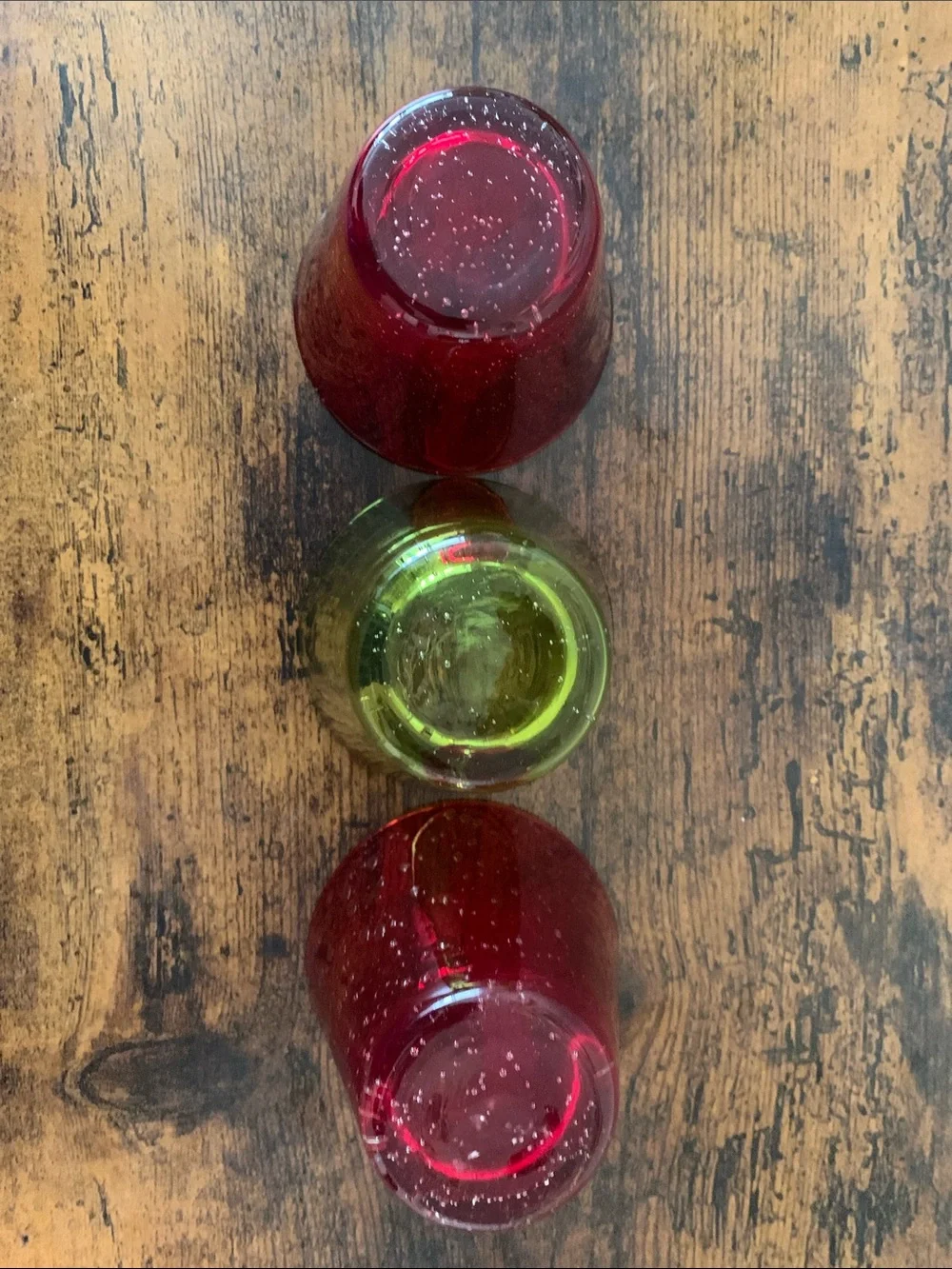 Set of 3 Vintage Red & Green Bubble Glass Small Glasses (or Votive Holders)